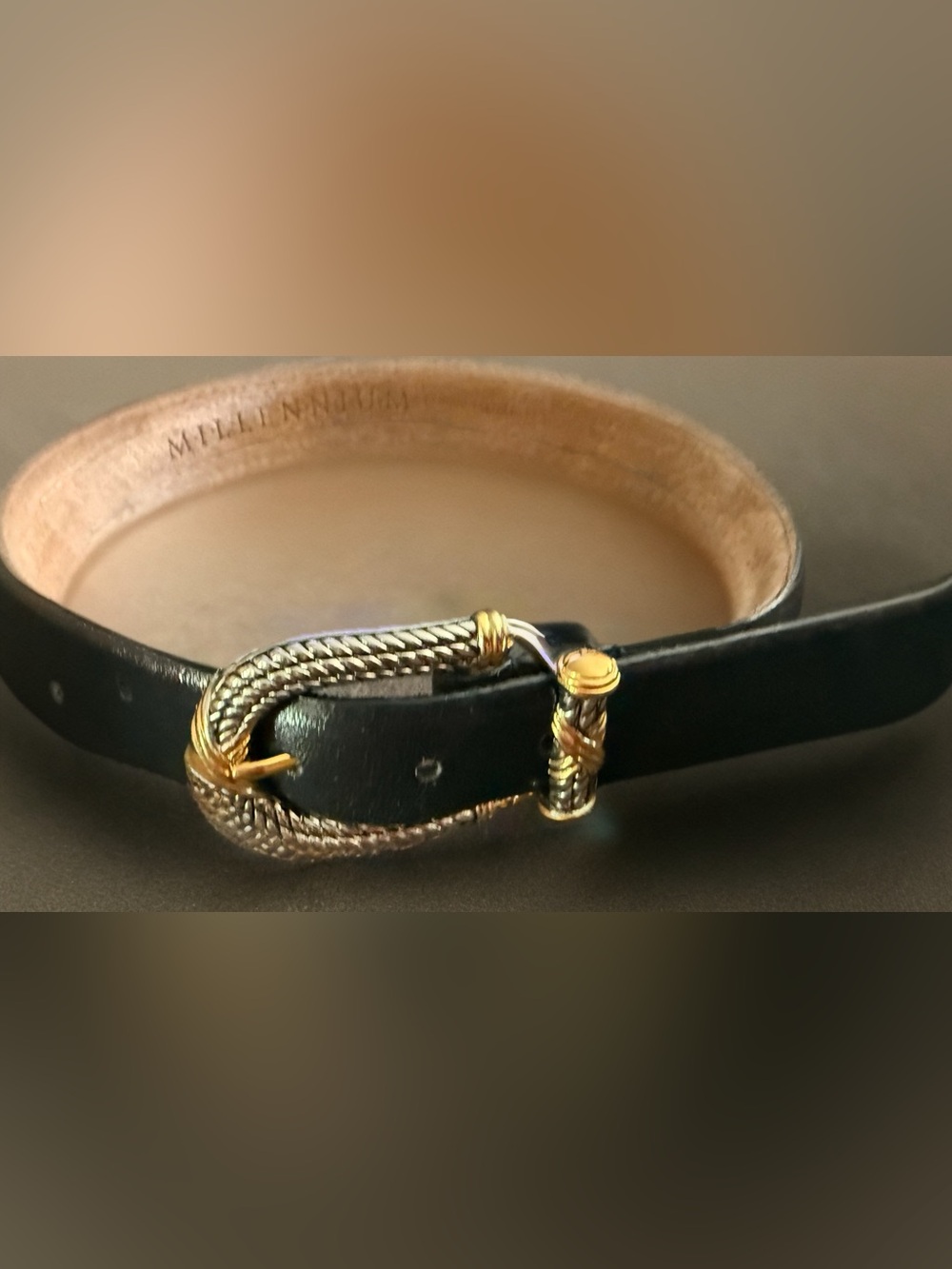 MILLENNIUM Belt Black Leather Silver/Gold Two-Tone Rope Design Buckle Vintage